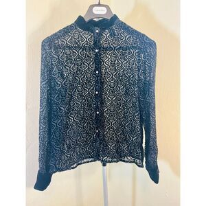 VTG J.H. Collectibles Black & Tan Damask Pattern Sheer Blouse - Size M